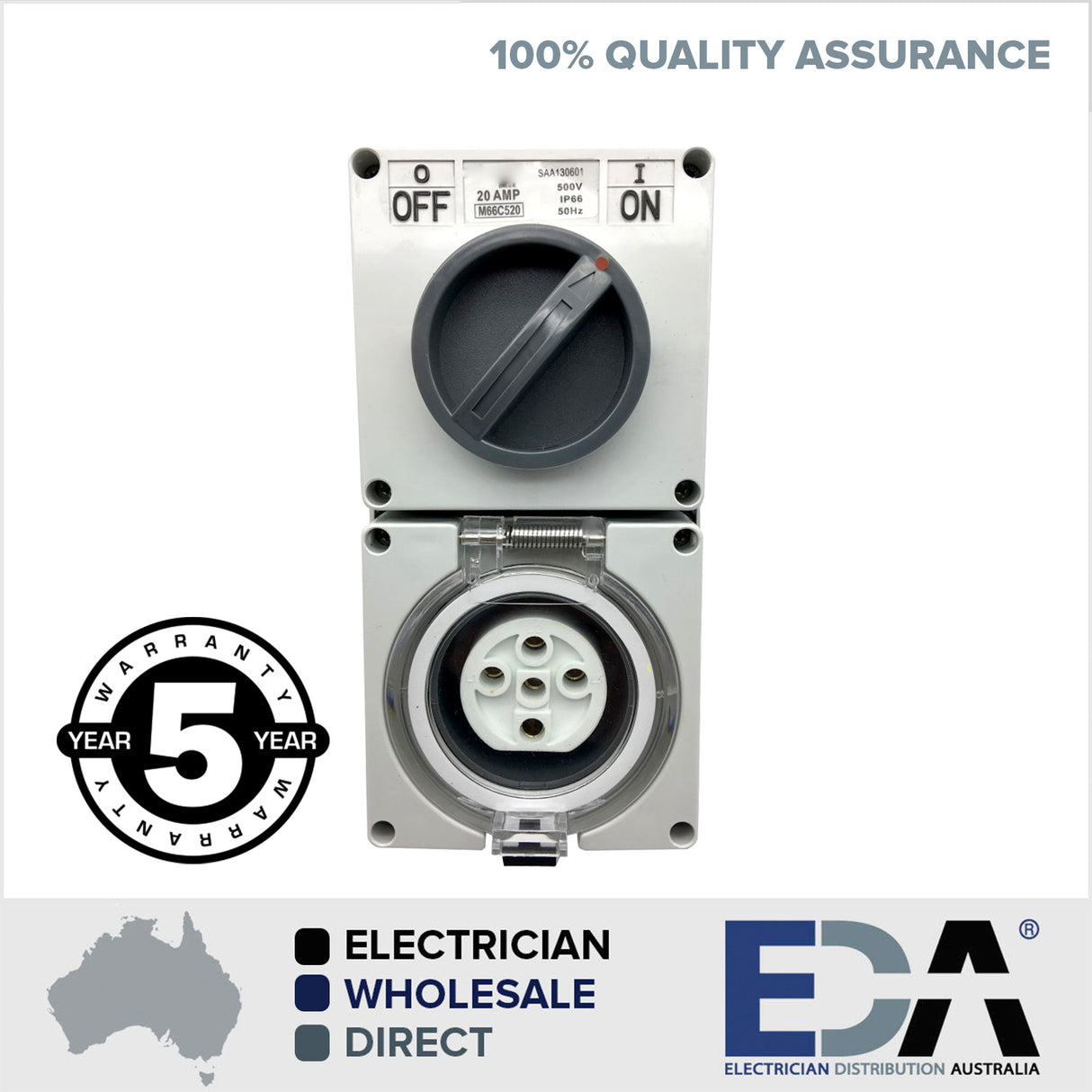 20 Amp 5 pin Weatherproof Switched Socket Outlet IP66 Straight Plug Male