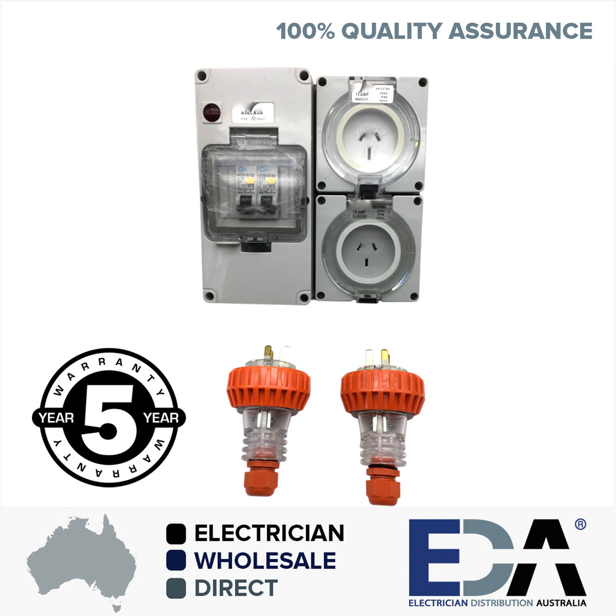 3 pin 10 & 15 Amp Socket RCD Protected Outlet with Male Plug IP66 RCBO