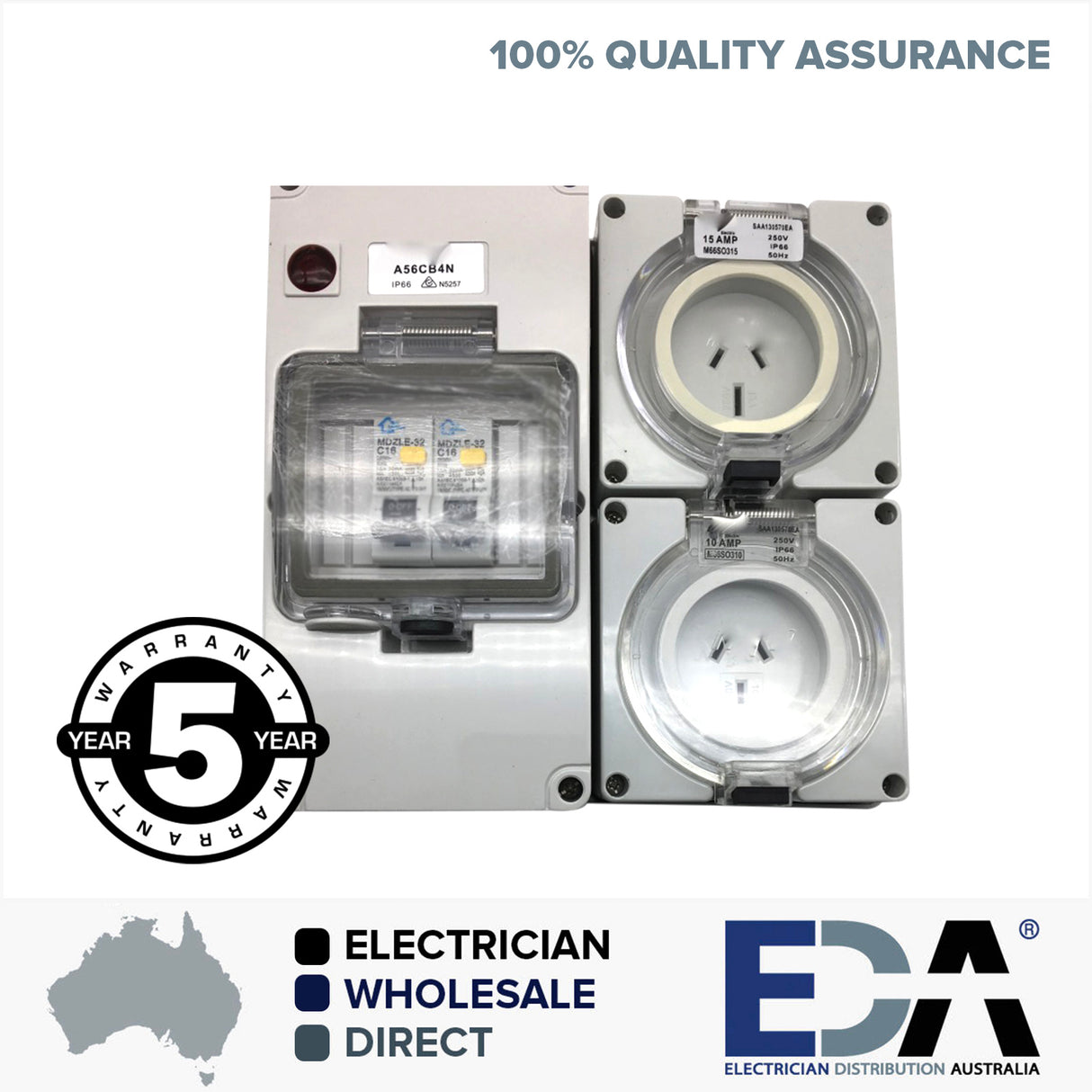 3 pin 10 & 15 Amp Socket RCD Protected Outlet with Male Plug IP66 RCBO