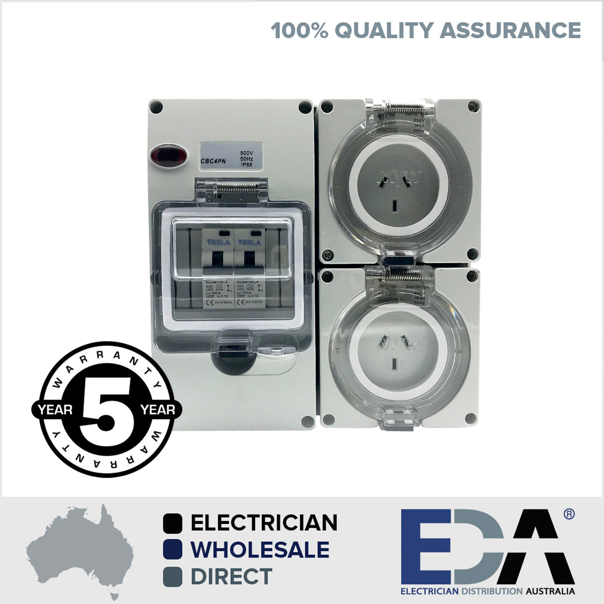 RCD Protected 10 Amp Socket Outlet 2x 3 pin 10A 4 Pole Switchboard IP66 Safety