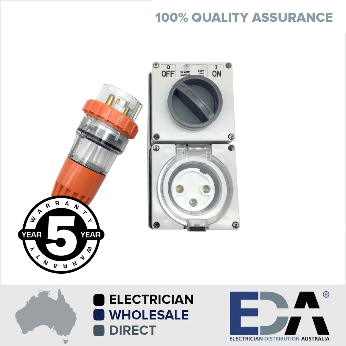 20 Amp 3 Round pin Weatherproof Switched Socket Outlet & Straight Plug Male IP66