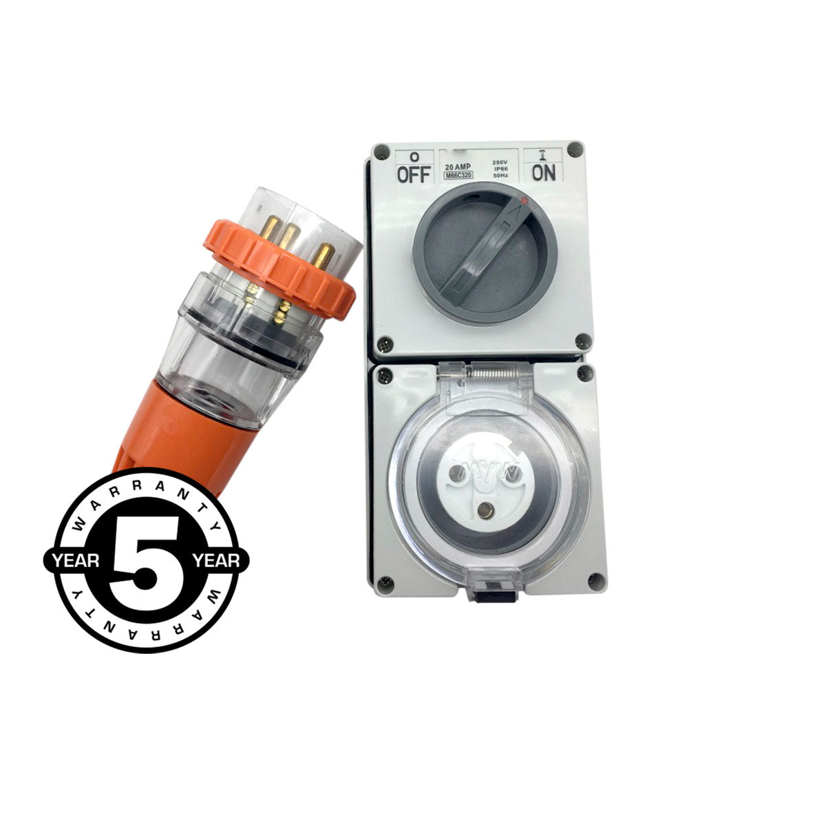 20 Amp 3 Round pin Weatherproof Switched Socket Outlet & Straight Plug Male IP66