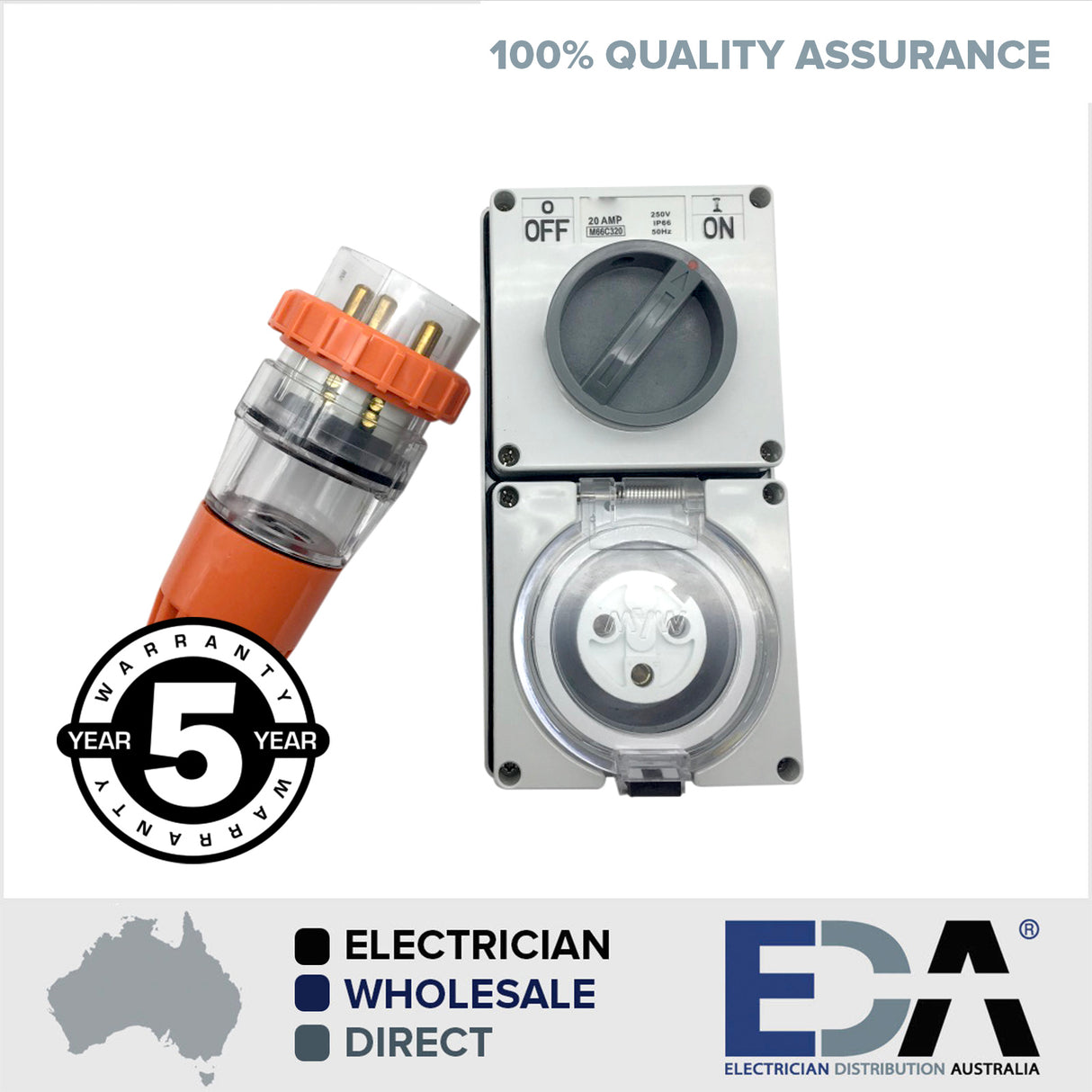 20 Amp 3 Round pin Weatherproof Switched Socket Outlet & Straight Plug Male IP66