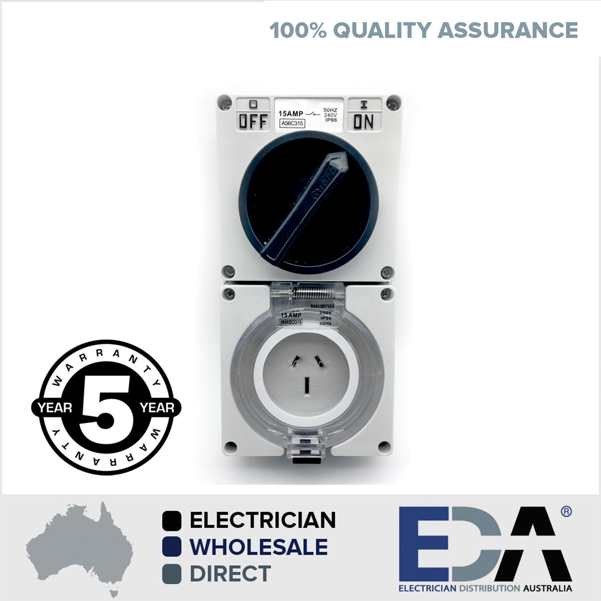 15 Amp Switched Socket Outlet Industrial Weatherproof 3 Pin IP66 With Plug Male