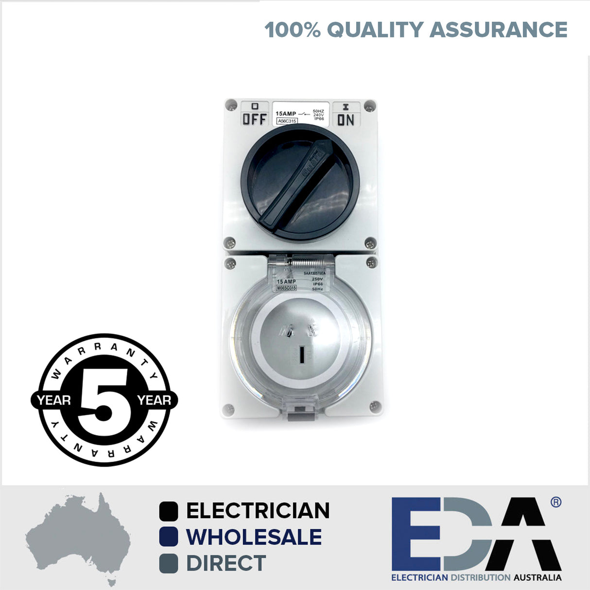 15 Amp Switched Socket Outlet Industrial Weatherproof 3 Pin IP66 With Plug Male