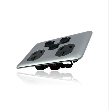 Slim Wafer Double Power Point With Extra Switch GPO Outlet Black Silver Slimline