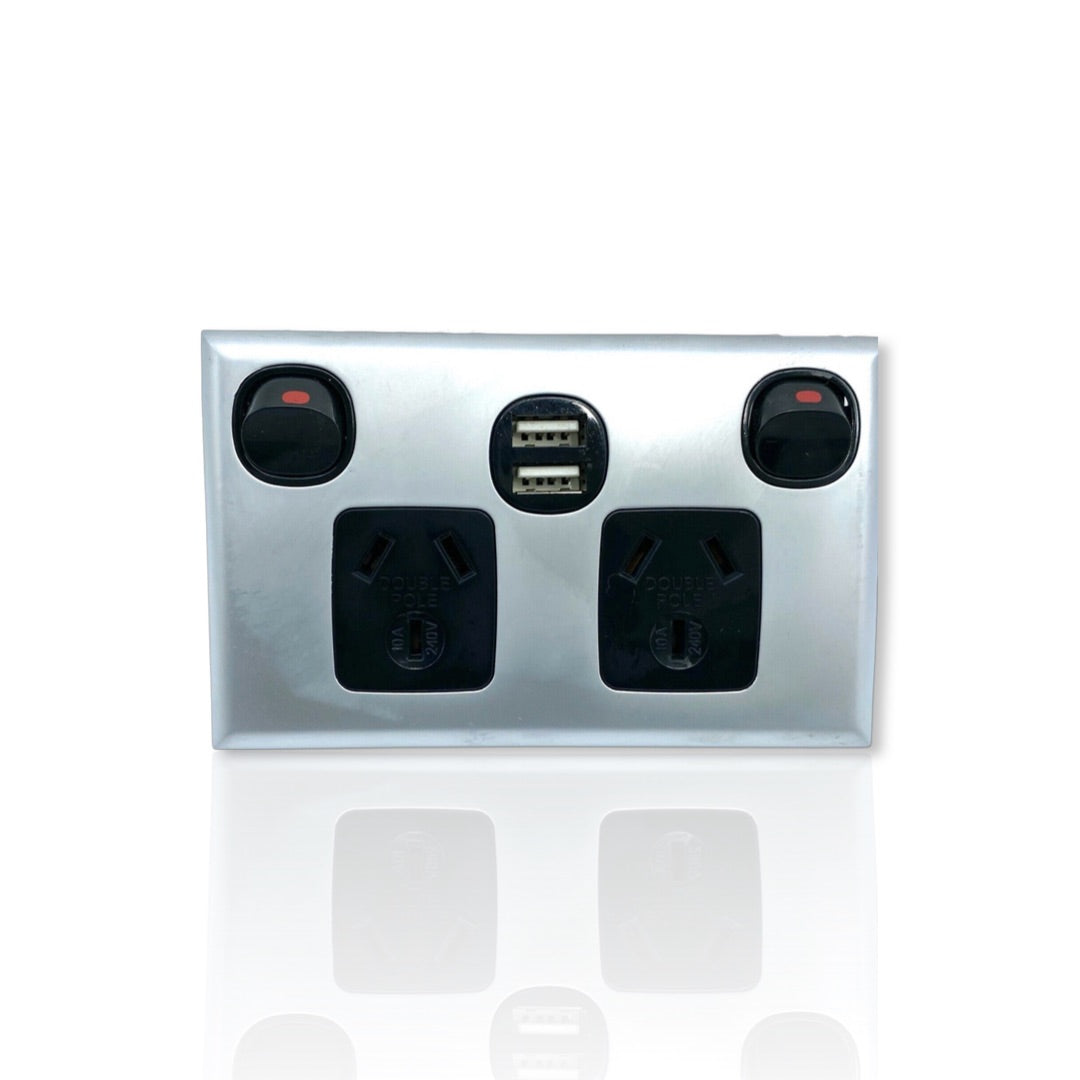 USB Fast Charge Double Power Point DOUBLE POLE BLACK SILVER COVER Caravan 2.1A 5v