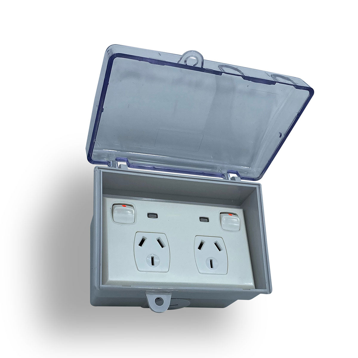 Weather Proof Double Power Point & NEON + WATER Enclosure Lock Clear Lid Outdoor