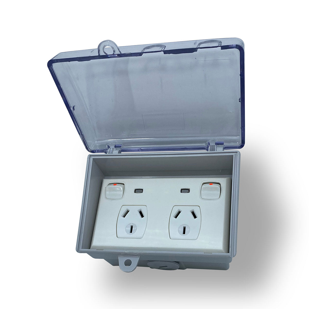 Weather Proof Double Power Point & NEON + WATER Enclosure Lock Clear Lid Outdoor