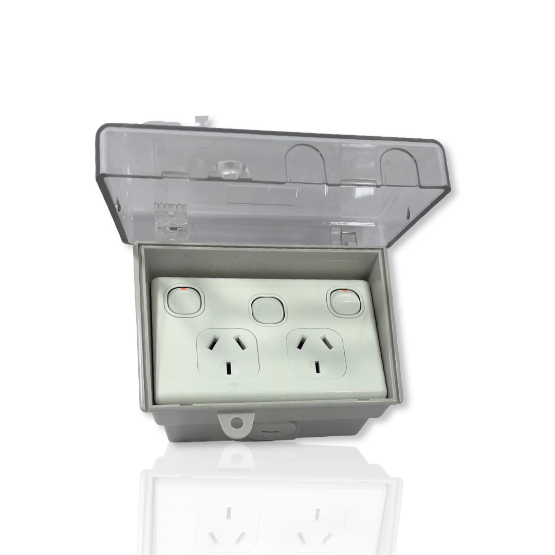 Weather proof Double Power Point + SWITCH & WATER Enclosure Lock Clear Lid GPO