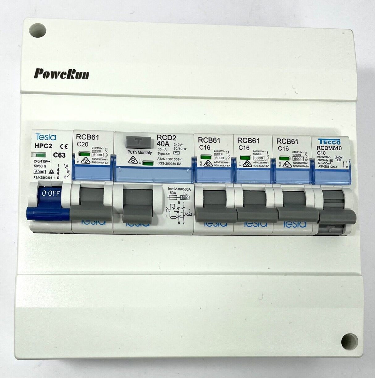 Switchboard Loaded 8 Pole Complete RCD Neutral Extnder 3x 16 1x 20 1x10 Amp RCBO