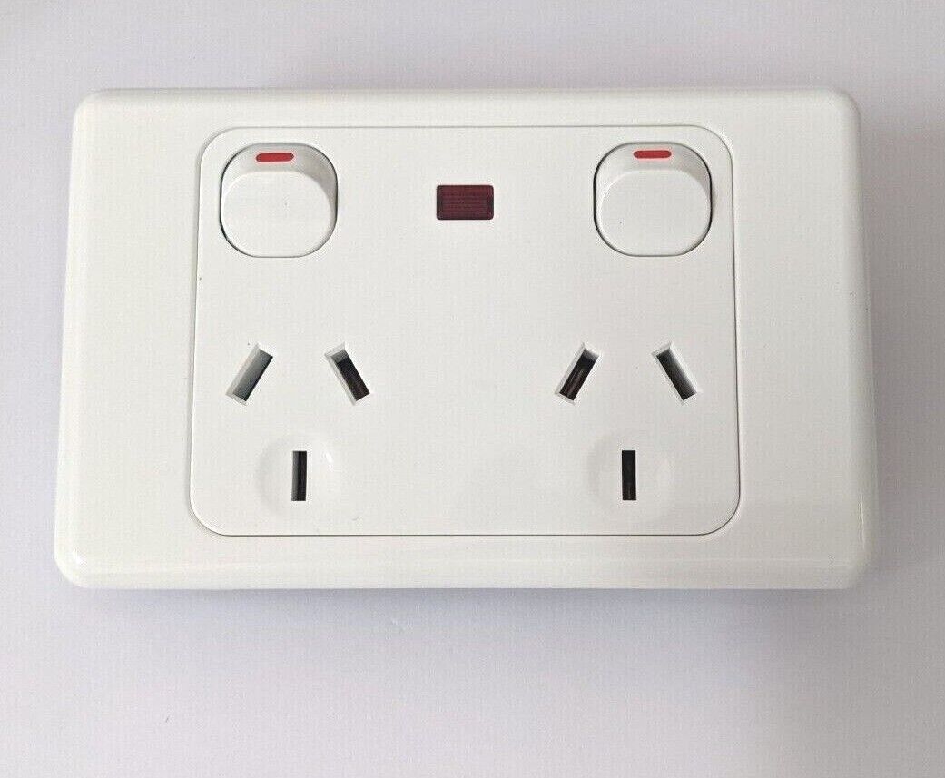 Double Power Point GPO W. Neon Indicator Wall Outlet safety hazard areas 10 amp
