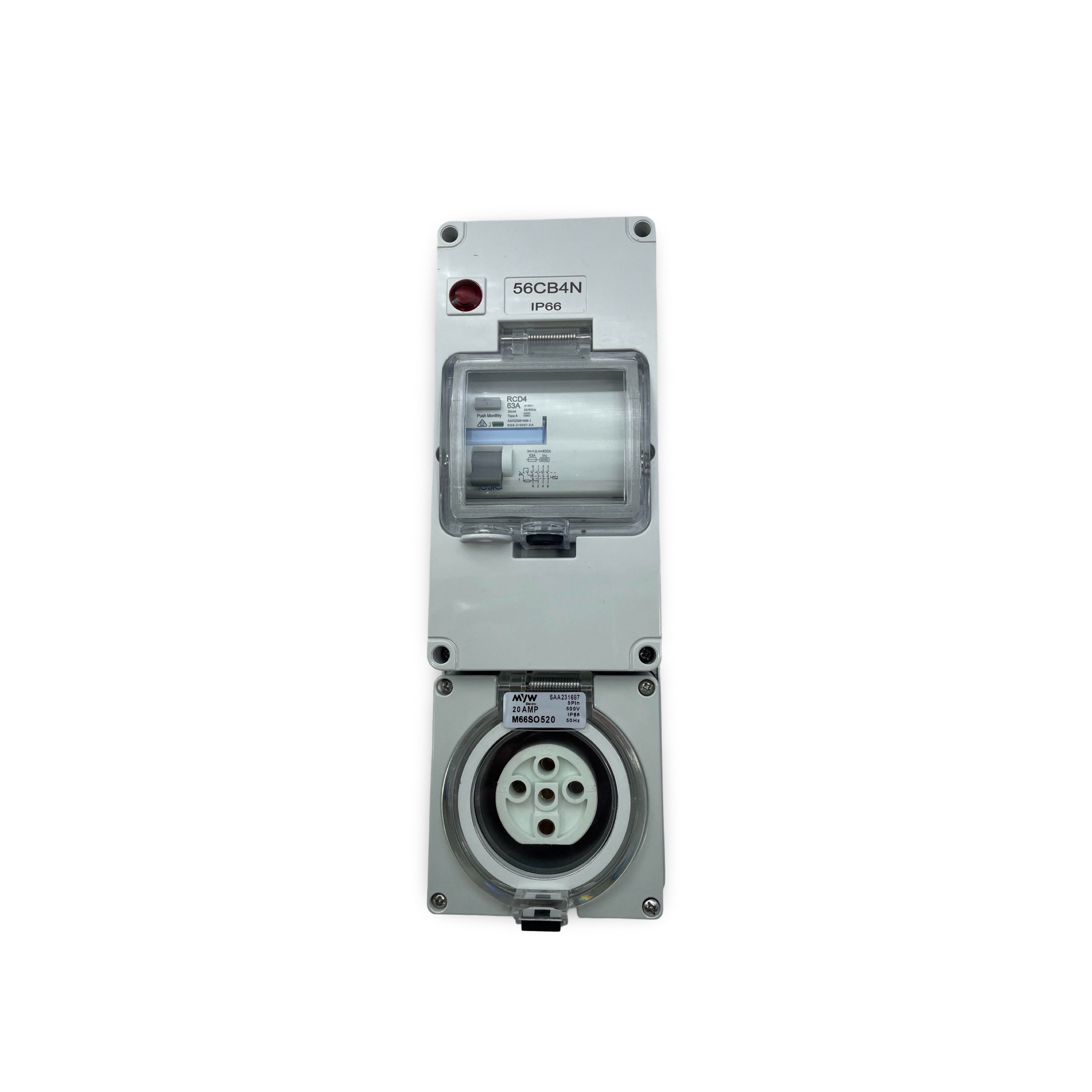 Eda 5-Pin 32A 4-Pole RCD Combination Switch Socket Outlet - IP66 Weatherproof, 3 Phase