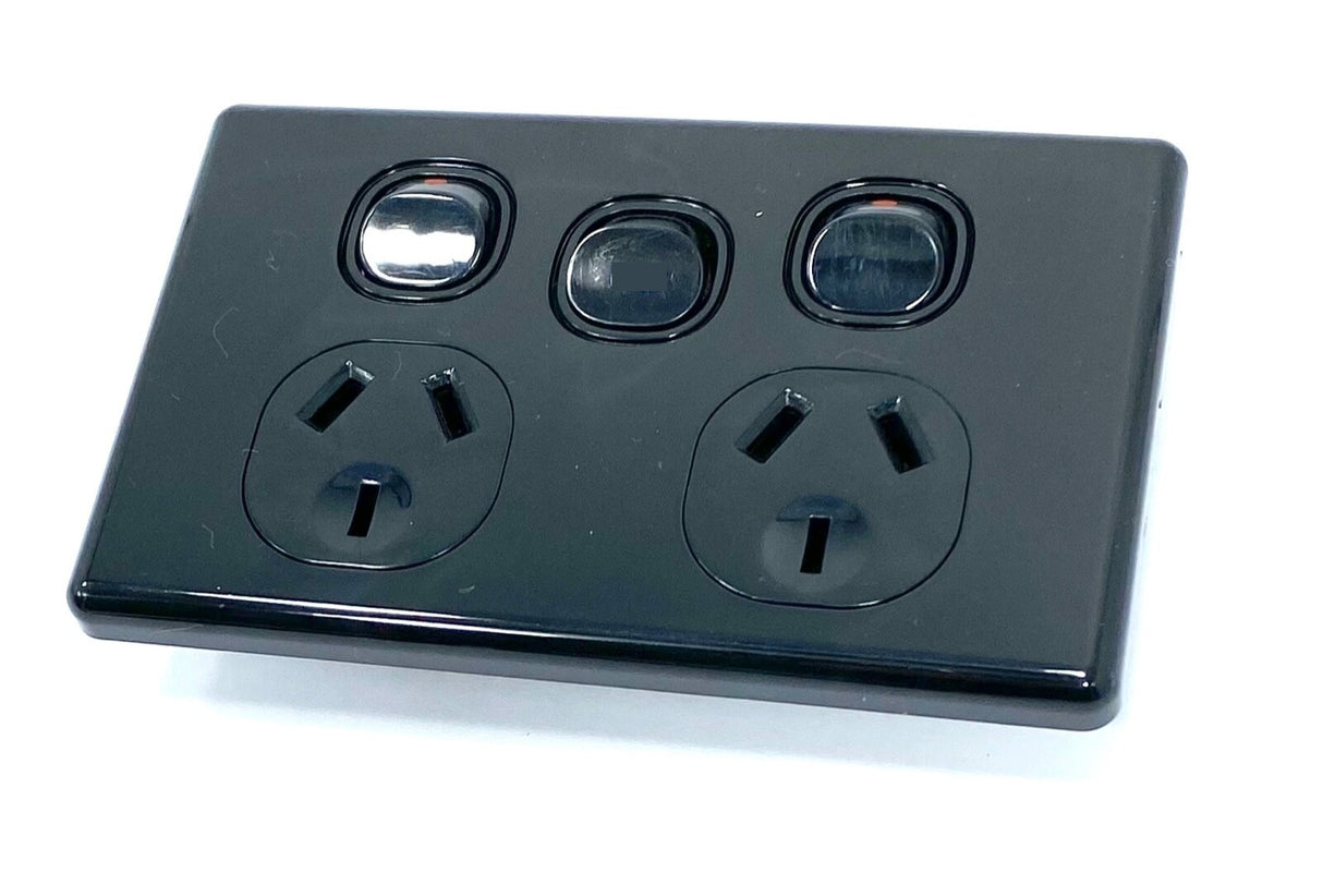 Black Double Power Point OVEN 35A Extra Switch SLIM Brushed Metal Cover Slimline