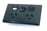 Black Double Power Point OVEN 35A Extra Switch SLIM Brushed Metal Cover Slimline